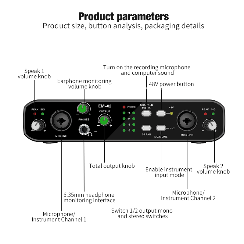 Audio Music Interface - Audio Interface With Microphone 48V Preamp